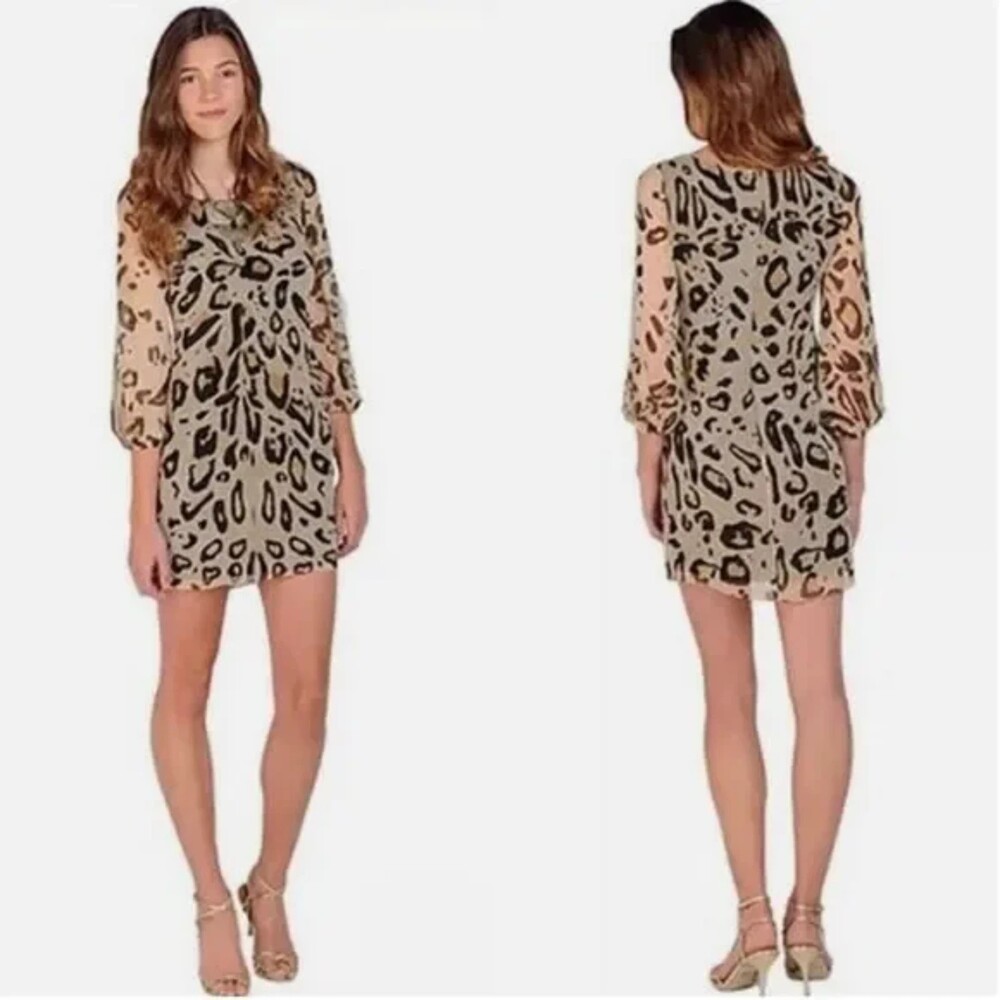 NWT Badgley Mishka Leopard Print Long Sleeve Shift Mini Dress, Tan Multi, Sz 10